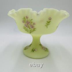 Fenton Centerpiece Pedestal Art Glass Pink Blossoms Uranium Custard Glows