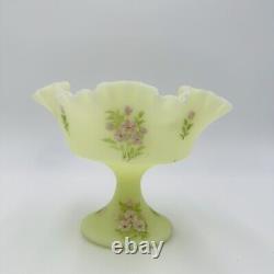 Fenton Centerpiece Pedestal Art Glass Pink Blossoms Uranium Custard Glows