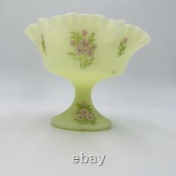 Fenton Centerpiece Pedestal Art Glass Pink Blossoms Uranium Custard Glows