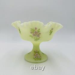 Fenton Centerpiece Pedestal Art Glass Pink Blossoms Uranium Custard Glows