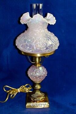 Fenton Champagne Satin Iridized Poppy Pattern Student Lamp 21 Tall