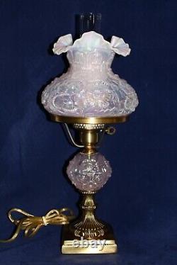 Fenton Champagne Satin Iridized Poppy Pattern Student Lamp 21 Tall