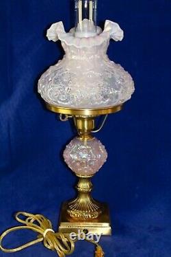 Fenton Champagne Satin Iridized Poppy Pattern Student Lamp 21 Tall