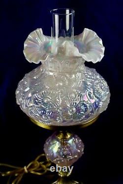 Fenton Champagne Satin Iridized Poppy Pattern Student Lamp 21 Tall