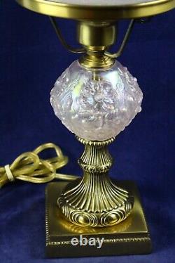 Fenton Champagne Satin Iridized Poppy Pattern Student Lamp 21 Tall