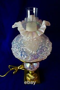 Fenton Champagne Satin Iridized Poppy Pattern Student Lamp 21 Tall