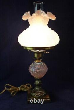 Fenton Champagne Satin Iridized Poppy Pattern Student Lamp 21 Tall