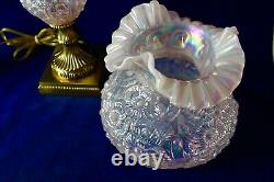 Fenton Champagne Satin Iridized Poppy Pattern Student Lamp 21 Tall