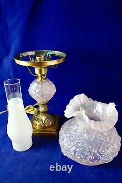 Fenton Champagne Satin Iridized Poppy Pattern Student Lamp 21 Tall