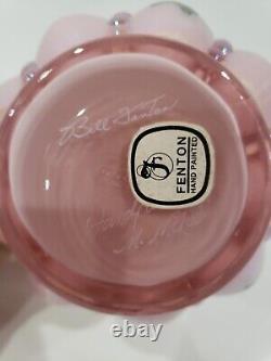 Fenton Charleton Pink Art Glass Pitcher HP Artist Signed Melon Rib White Casing