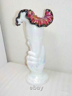 Fenton Cornucopia Iridescent Hand Vase Pink/black Crest