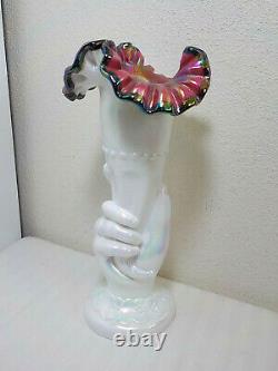 Fenton Cornucopia Iridescent Hand Vase Pink/black Crest