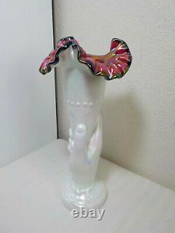 Fenton Cornucopia Iridescent Hand Vase Pink/black Crest