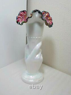 Fenton Cornucopia Iridescent Hand Vase Pink/black Crest