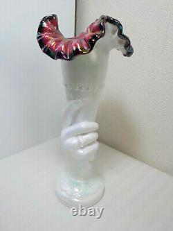 Fenton Cornucopia Iridescent Hand Vase Pink/black Crest