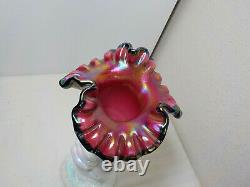 Fenton Cornucopia Iridescent Hand Vase Pink/black Crest