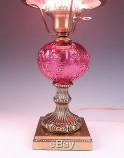 Fenton Cranberry Cabbage Rose GWTW Student Lamp Vintage Art Glass Table Desk