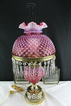 Fenton Cranberry Opalescent Hobnail Gone with the Wind Lamp with Hanging Prisms