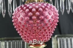 Fenton Cranberry Opalescent Hobnail Gone with the Wind Lamp with Hanging Prisms