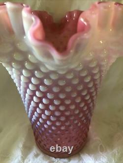 Fenton Cranberry Opalescent Hobnail Large Ruffled Glass Vase 8 Tall