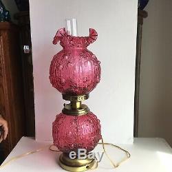 Fenton Cranberry Rose Pattern Gone With The Wind Lamp