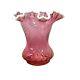 Fenton Cranberry Snow Crest Swirl Ruffled Edge Vase Pink White Trim Art Glass Vt
