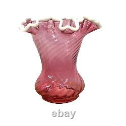 Fenton Cranberry Snow Crest Swirl Ruffled Edge Vase Pink White Trim Art Glass Vt
