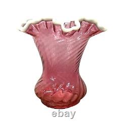 Fenton Cranberry Snow Crest Swirl Ruffled Edge Vase Pink White Trim Art Glass Vt