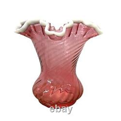 Fenton Cranberry Snow Crest Swirl Ruffled Edge Vase Pink White Trim Art Glass Vt