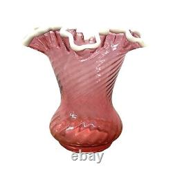 Fenton Cranberry Snow Crest Swirl Ruffled Edge Vase Pink White Trim Art Glass Vt