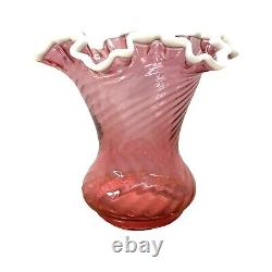 Fenton Cranberry Snow Crest Swirl Ruffled Edge Vase Pink White Trim Art Glass Vt