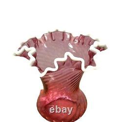 Fenton Cranberry Snow Crest Swirl Ruffled Edge Vase Pink White Trim Art Glass Vt