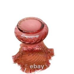 Fenton Cranberry Snow Crest Swirl Ruffled Edge Vase Pink White Trim Art Glass Vt