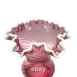 Fenton Cranberry Snow Crest Swirl Ruffled Edge Vase Pink White Trim Art Glass Vt