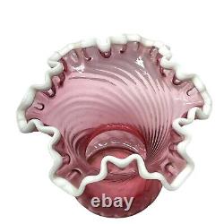 Fenton Cranberry Snow Crest Swirl Ruffled Edge Vase Pink White Trim Art Glass Vt