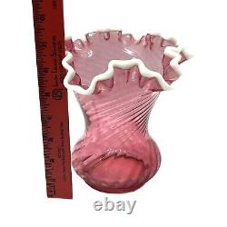 Fenton Cranberry Snow Crest Swirl Ruffled Edge Vase Pink White Trim Art Glass Vt