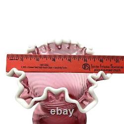 Fenton Cranberry Snow Crest Swirl Ruffled Edge Vase Pink White Trim Art Glass Vt