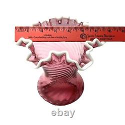 Fenton Cranberry Snow Crest Swirl Ruffled Edge Vase Pink White Trim Art Glass Vt