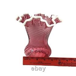 Fenton Cranberry Snow Crest Swirl Ruffled Edge Vase Pink White Trim Art Glass Vt