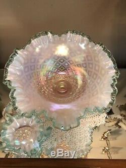 Fenton Epergne French Opal Aqua Crest Pink Diamond Signed Bill Fenton 1950s