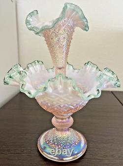 Fenton Epergne diamond lace Champagne Pink Opalescent Sea Mist Crest Signed