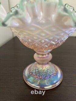 Fenton Epergne diamond lace Champagne Pink Opalescent Sea Mist Crest Signed