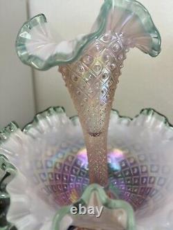 Fenton Epergne diamond lace Champagne Pink Opalescent Sea Mist Crest Signed