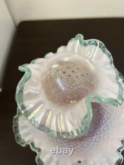 Fenton Epergne diamond lace Champagne Pink Opalescent Sea Mist Crest Signed