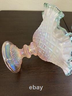 Fenton Epergne diamond lace Champagne Pink Opalescent Sea Mist Crest Signed