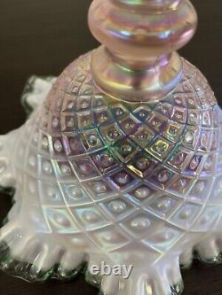 Fenton Epergne diamond lace Champagne Pink Opalescent Sea Mist Crest Signed