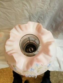 Fenton Glass Burmese Lamp 22''Tall Pink w\blue flowers excellent