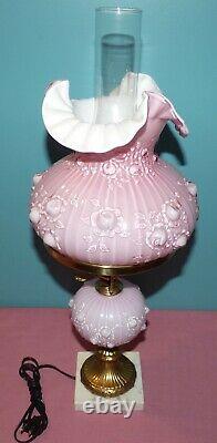 Fenton Glass Cabbage Rose Pink Overlay Student Lamp