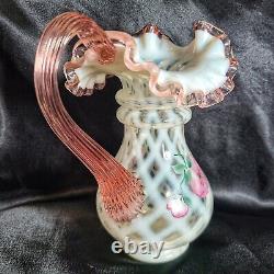 Fenton Glass Fluted Vase White and Pink Hand Painted Florl 6 Beautiful Art