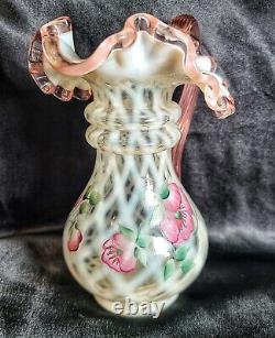 Fenton Glass Fluted Vase White and Pink Hand Painted Florl 6 Beautiful Art